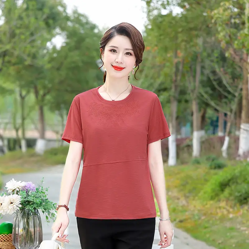 2022 Summer Embroidered T-Shirt Green Brown Plus Size - Image 4