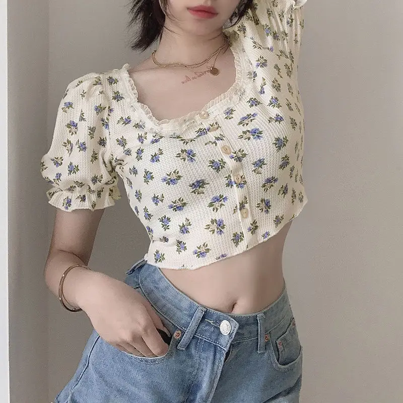 Japanese Style Floral Crop Top with Puff Sleeves — feature 10