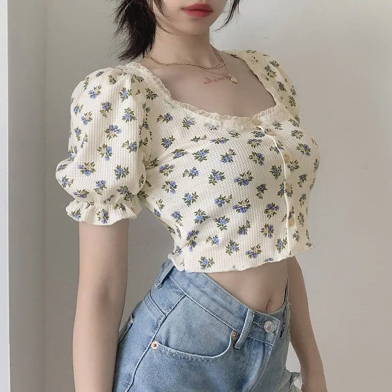 Japanese Style Floral Crop Top with Puff Sleeves — feature 12