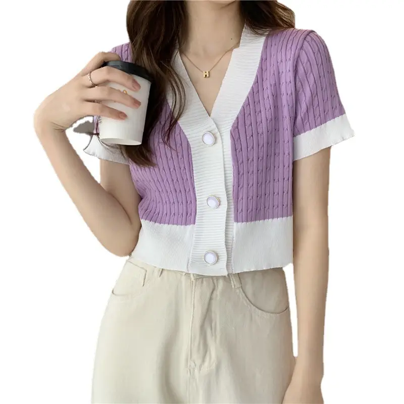 Women Knit V-Neck Short Sleeve Top Purple White - Image 7