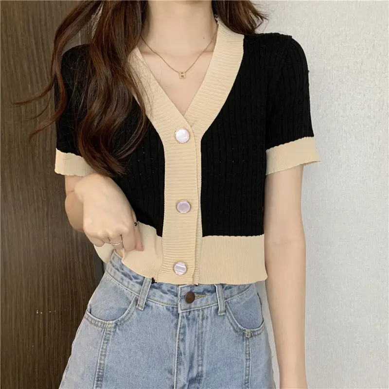 Women Knit V-Neck Short Sleeve Top Purple White — feature 14