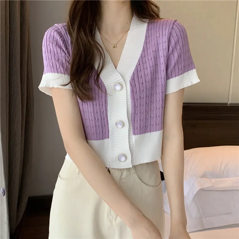 Women Knit V-Neck Short Sleeve Top Purple White — feature 16