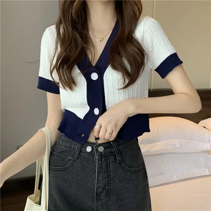Women Knit V-Neck Short Sleeve Top Purple White — feature 2