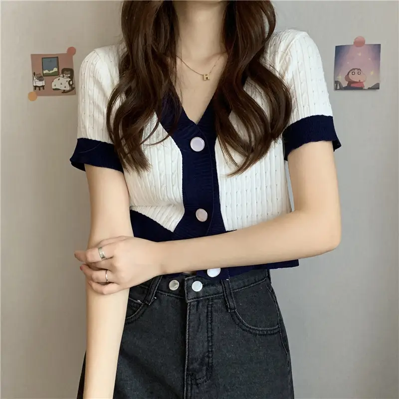 Women Knit V-Neck Short Sleeve Top Purple White — feature 6