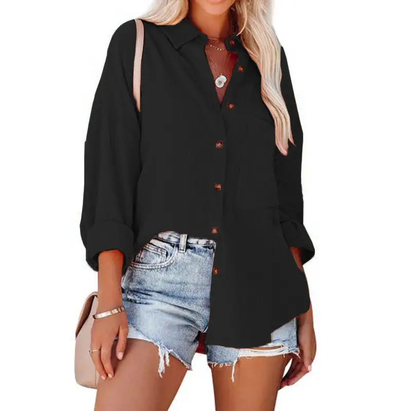 Women's Off-Shoulder Button-Down Shirt Navy Blue - Image 10