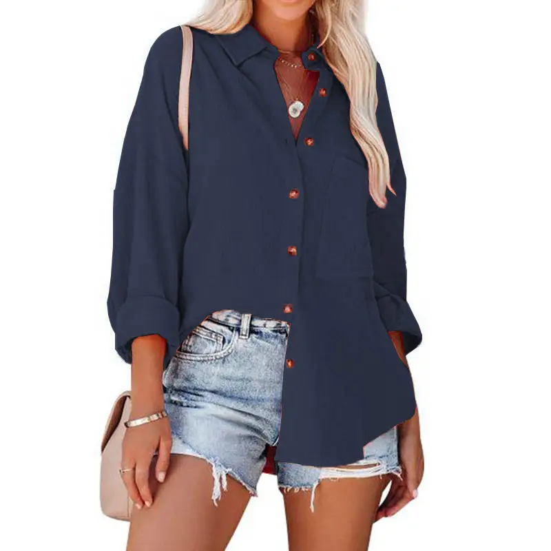 Women's Off-Shoulder Button-Down Shirt Navy Blue - Image 9