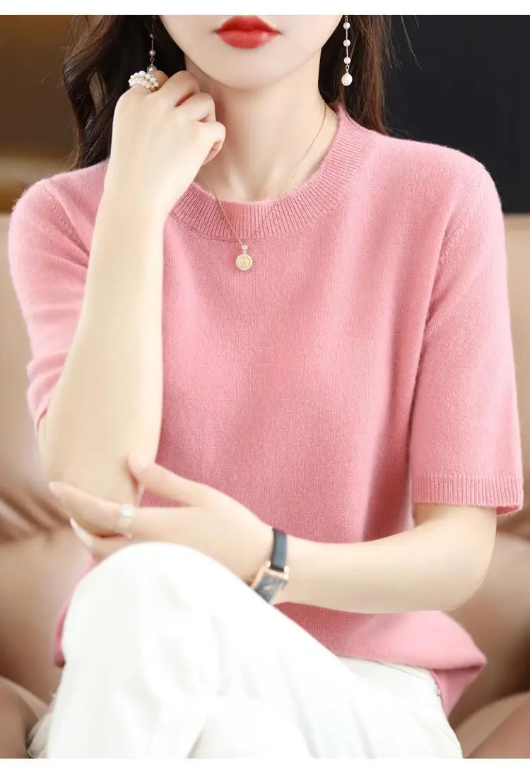 New Knitted T-Shirt Brown Short Sleeve Loose Fit — feature 20