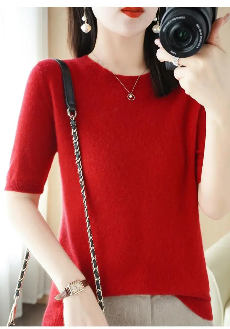 New Knitted T-Shirt Brown Short Sleeve Loose Fit — feature 22