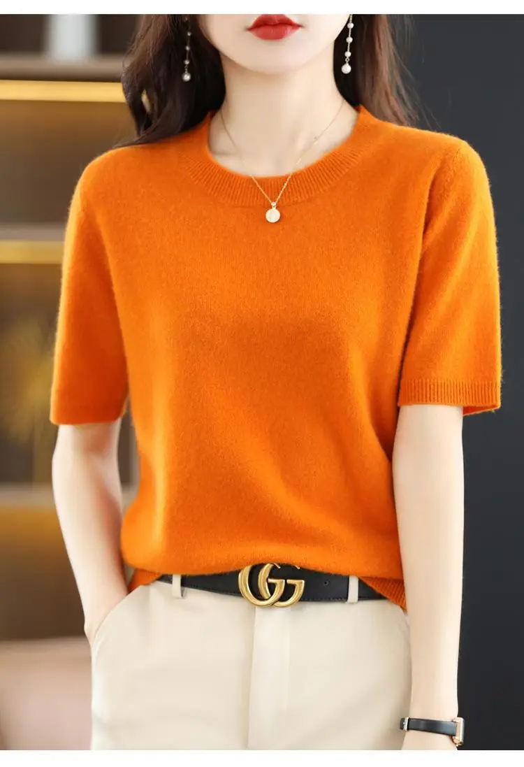 New Knitted T-Shirt Brown Short Sleeve Loose Fit — feature 24