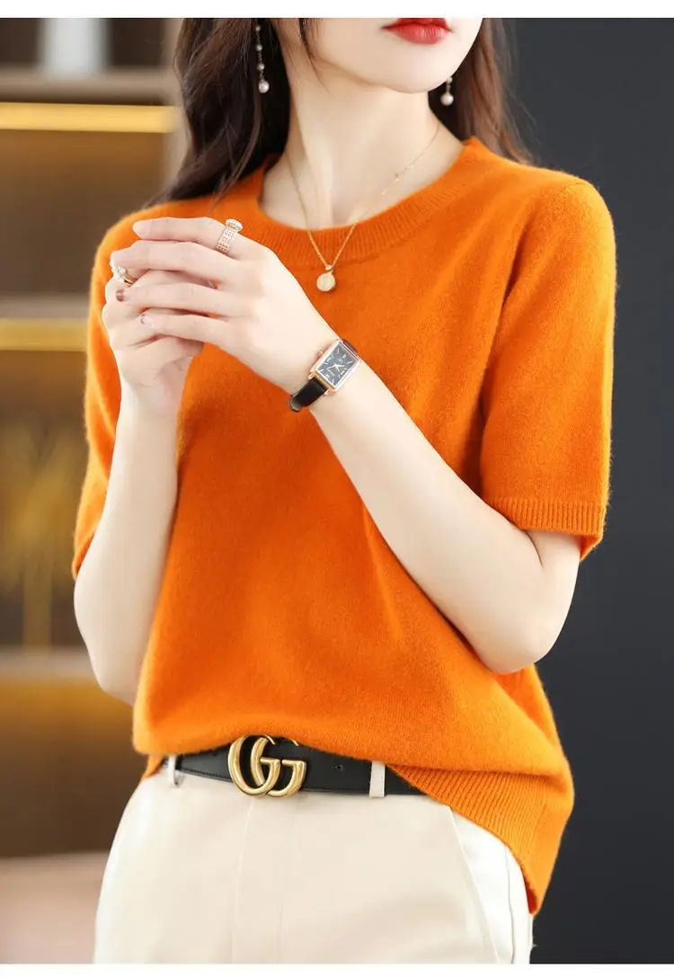 New Knitted T-Shirt Brown Short Sleeve Loose Fit — feature 25