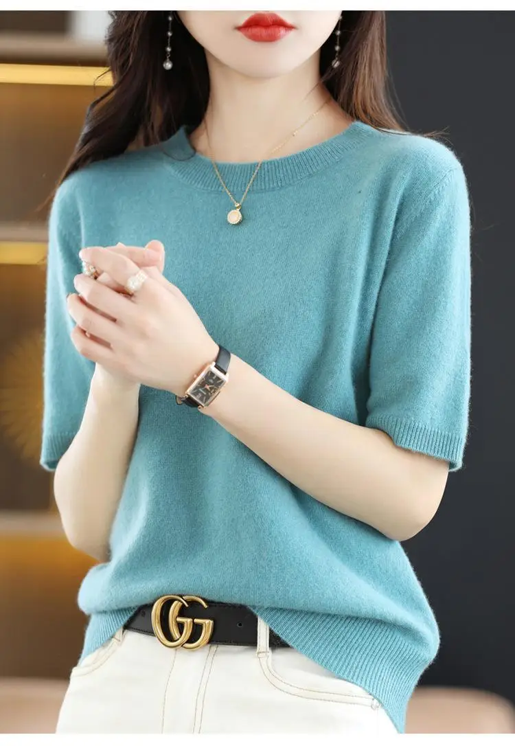 New Knitted T-Shirt Brown Short Sleeve Loose Fit — feature 38