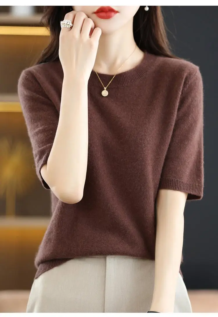 New Knitted T-Shirt Brown Short Sleeve Loose Fit — feature 46