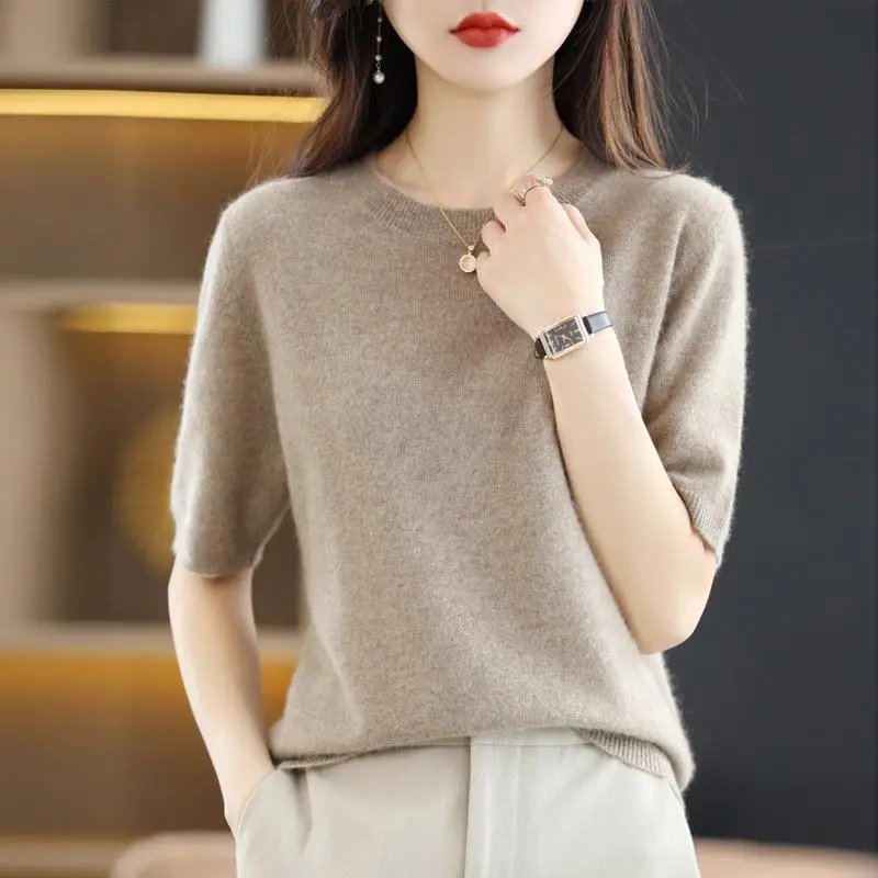 New Knitted T-Shirt Brown Short Sleeve Loose Fit