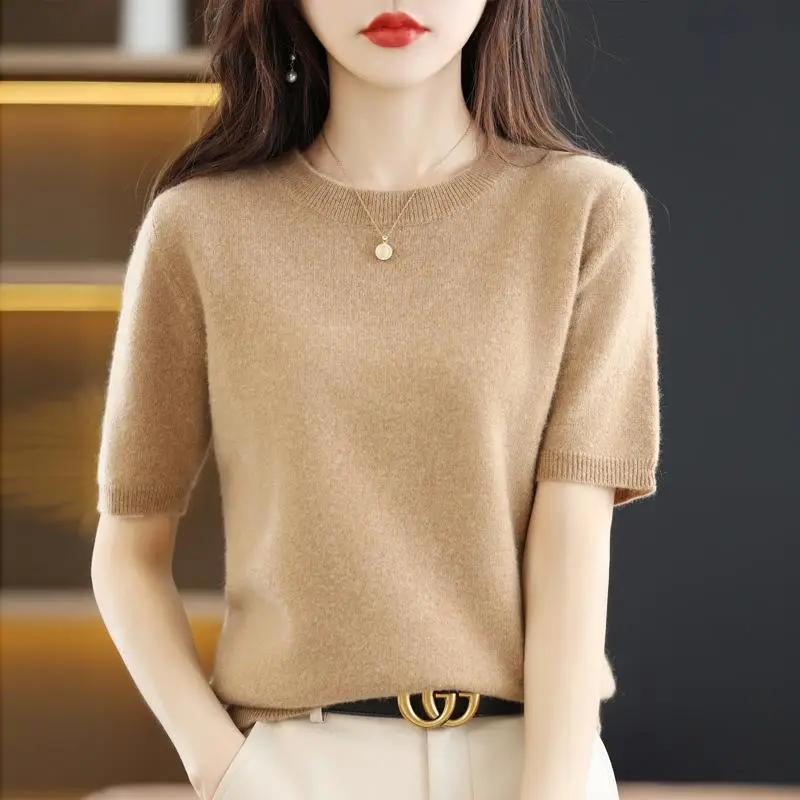 New Knitted T-Shirt Brown Short Sleeve Loose Fit