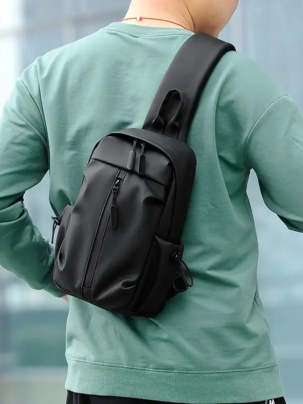Men's Black Leather Crossbody Bag Large Capacity Travel Shoulder Bag - Image 5