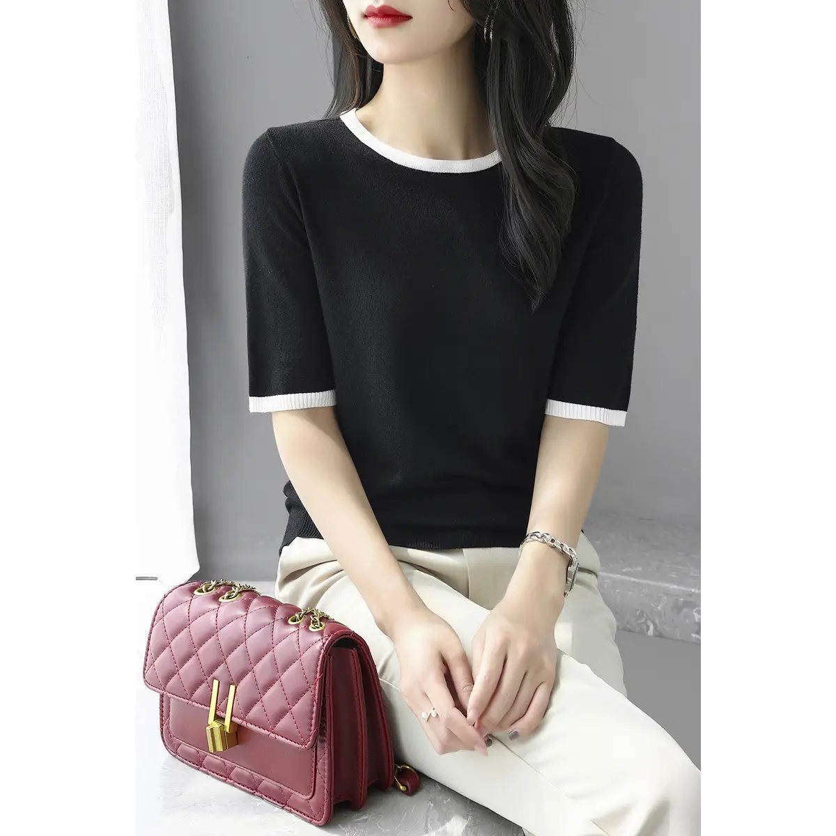 Women's White Black Trim 5Q Sleeve Knit Top - Image 2