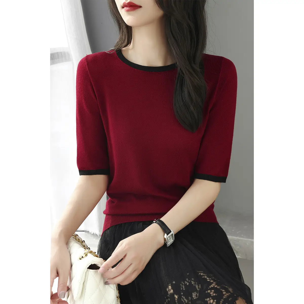 Women's White Black Trim 5Q Sleeve Knit Top - Image 3