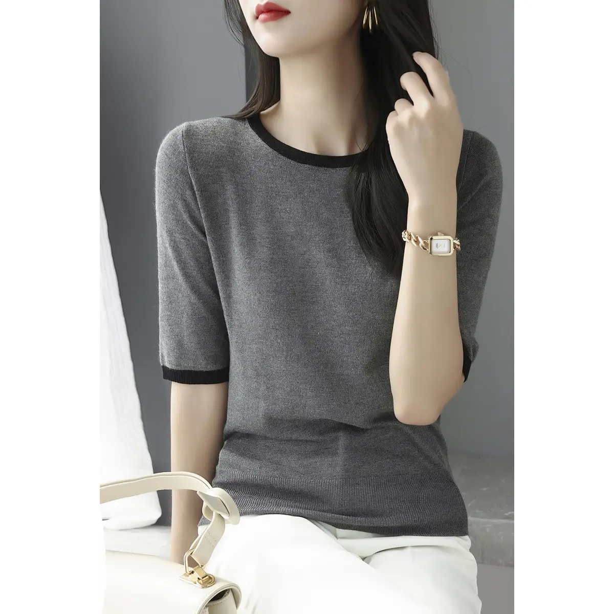 Women's White Black Trim 5Q Sleeve Knit Top - Image 4