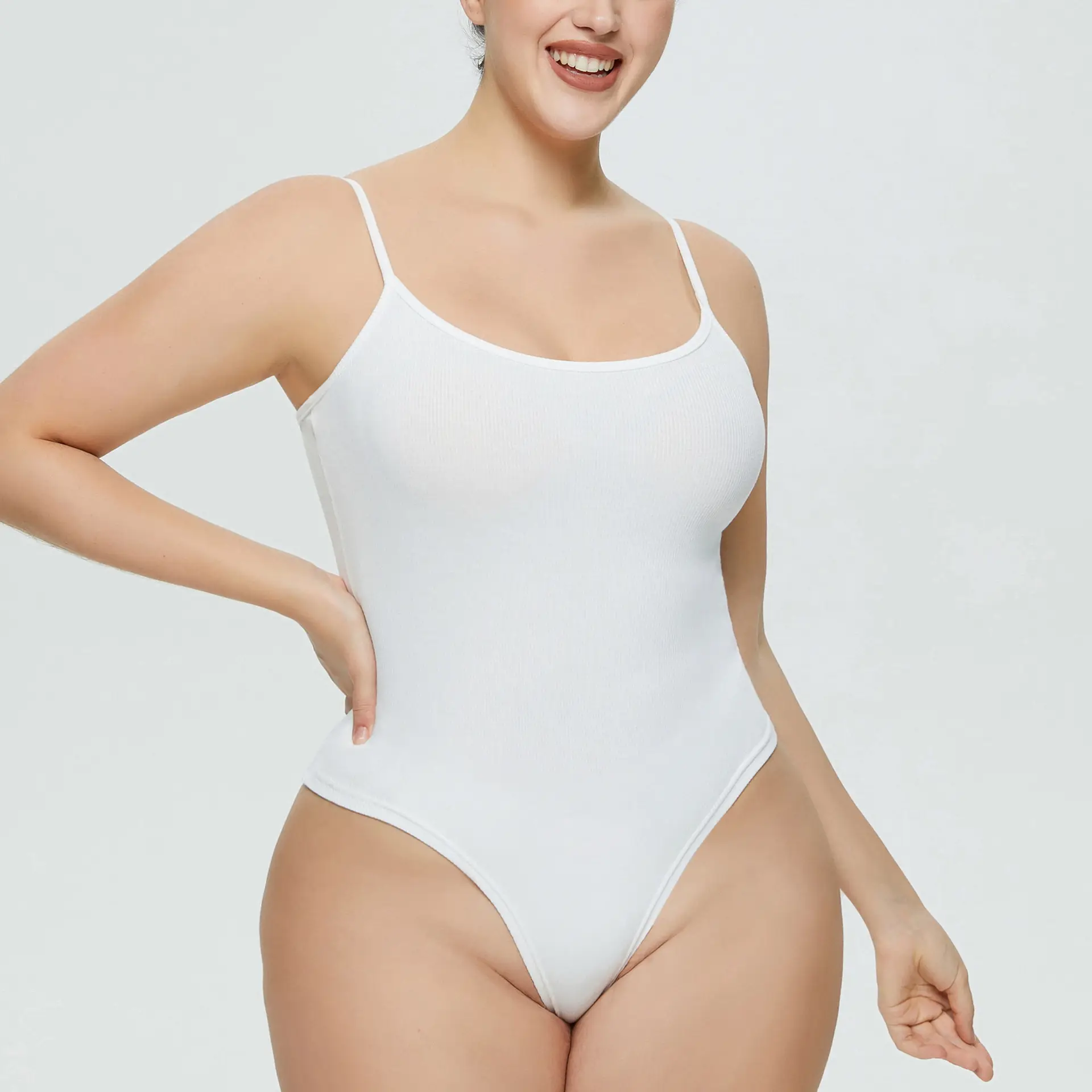 White Tight Fitting Thong Bodysuit Ribbed High Waist — feature 18