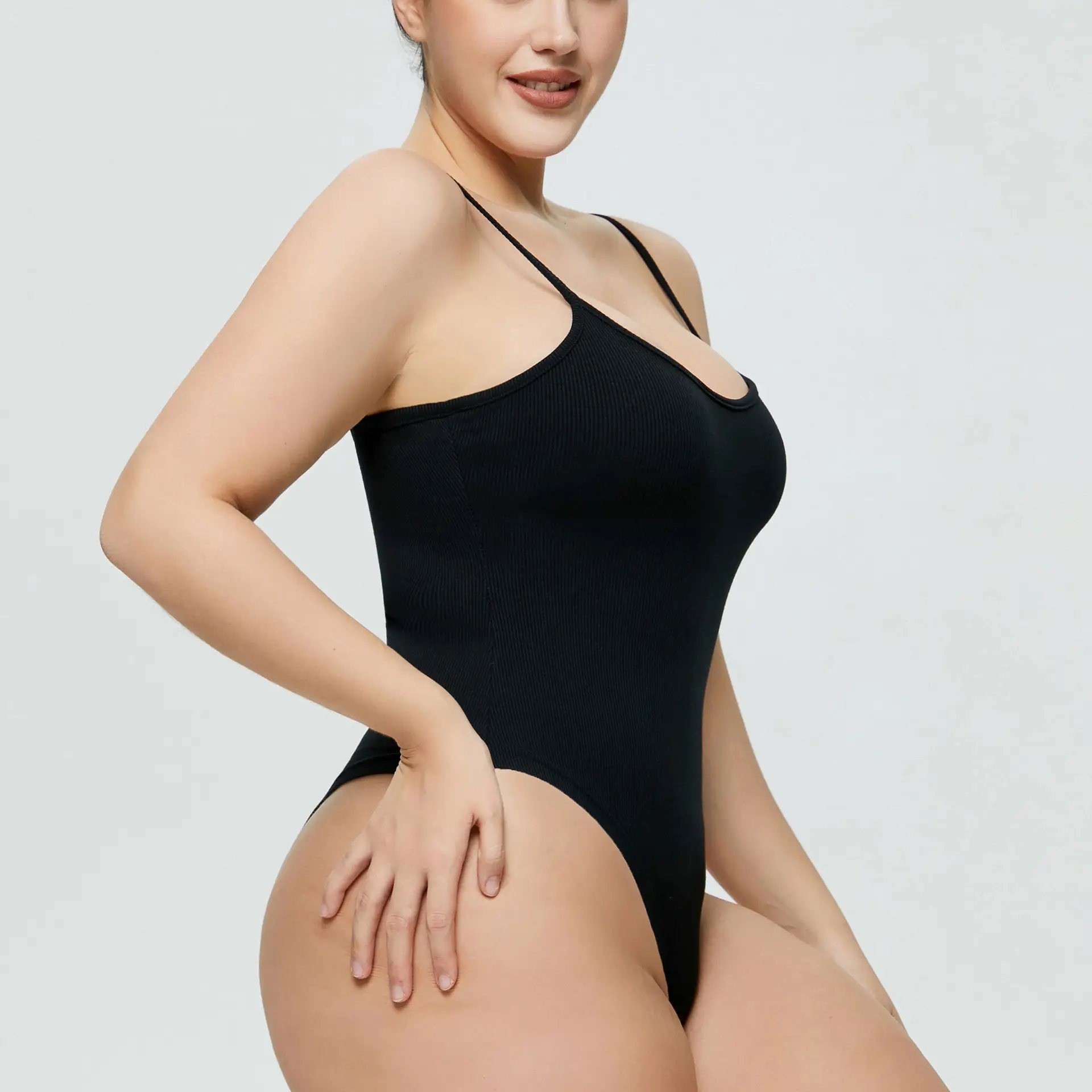 White Tight Fitting Thong Bodysuit Ribbed High Waist - Image 8