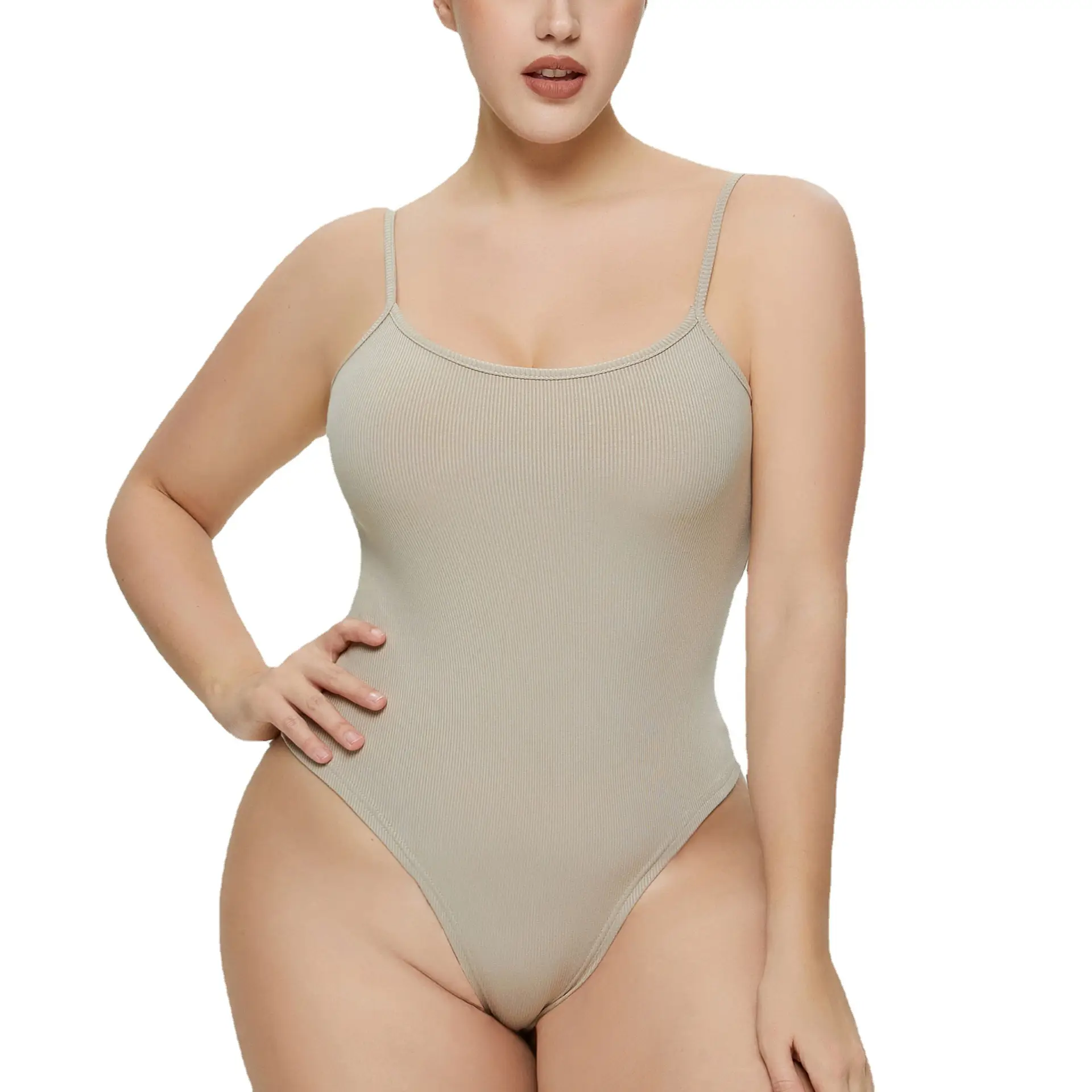 White Tight Fitting Thong Bodysuit Ribbed High Waist - Image 9