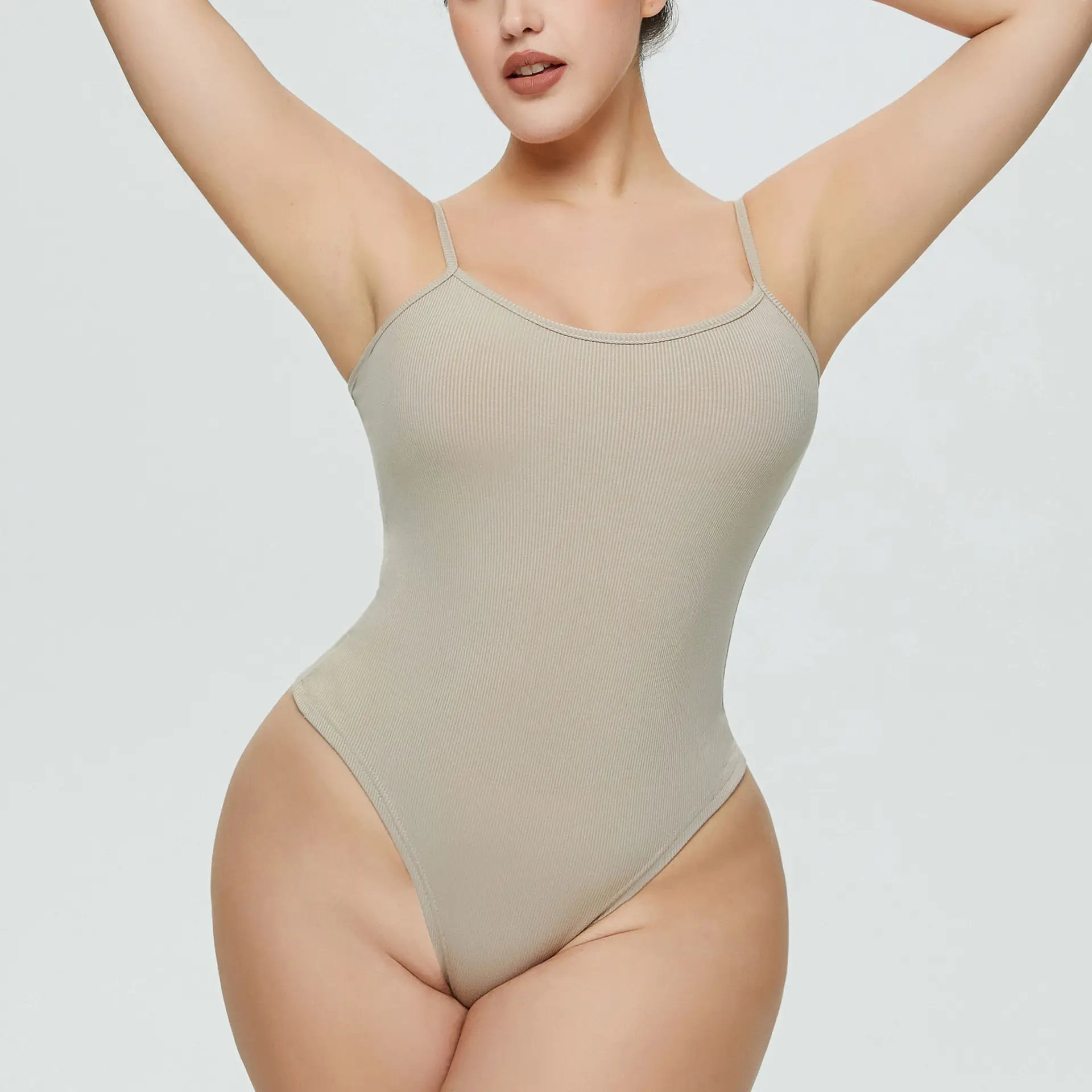White Tight Fitting Thong Bodysuit Ribbed High Waist — feature 10