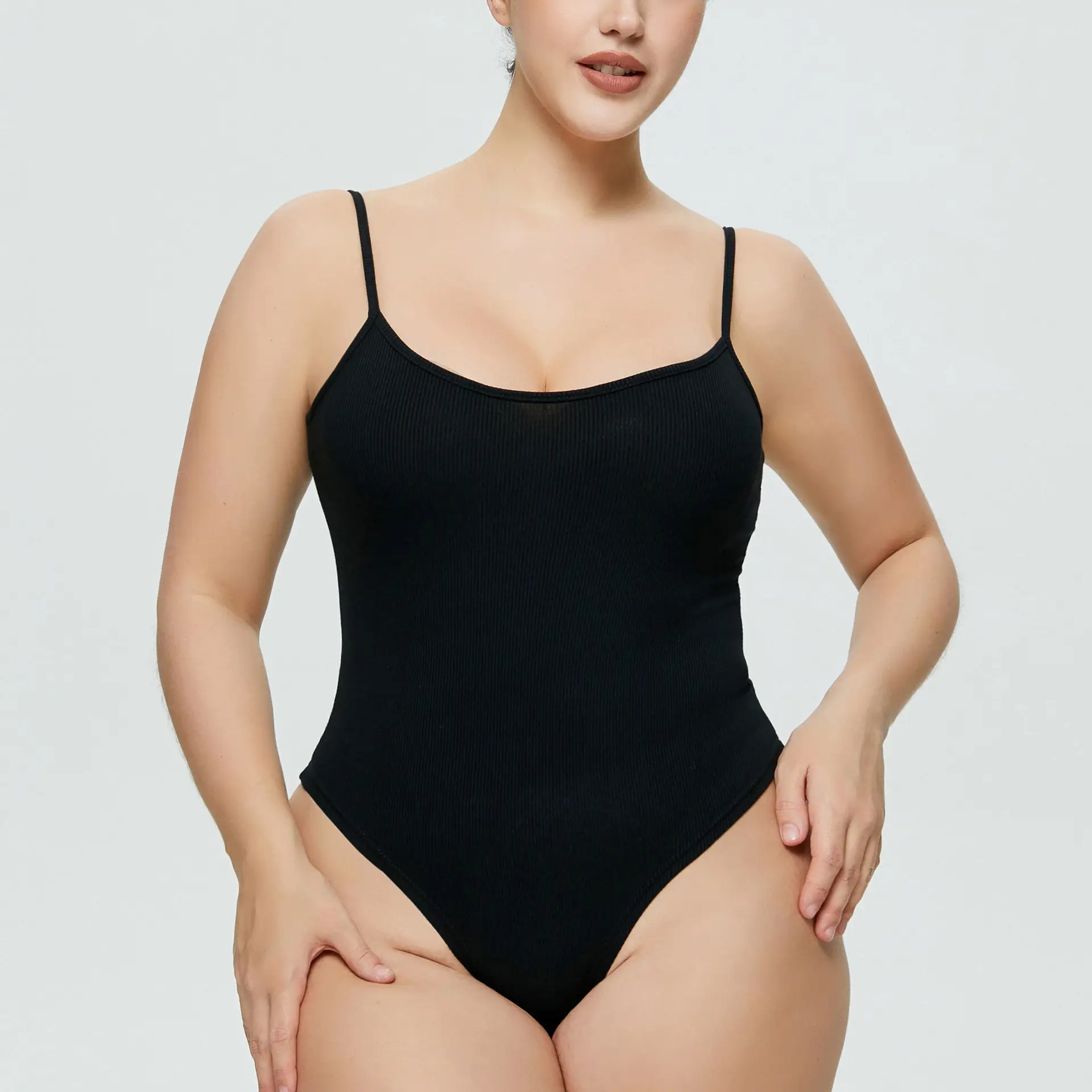 White Tight Fitting Thong Bodysuit Ribbed High Waist — feature 12