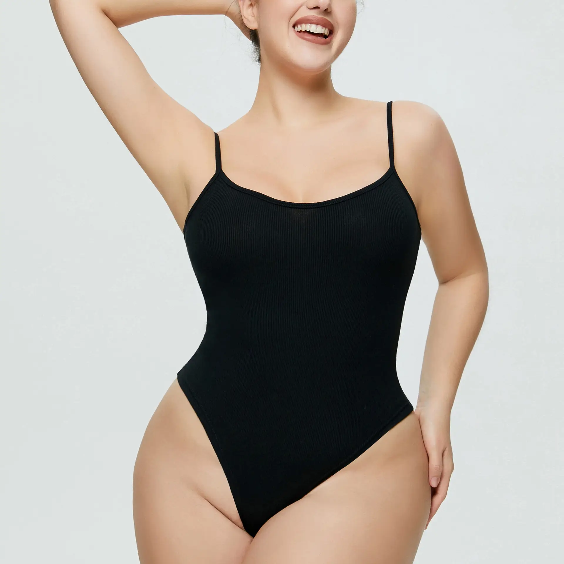 White Tight Fitting Thong Bodysuit Ribbed High Waist — feature 15
