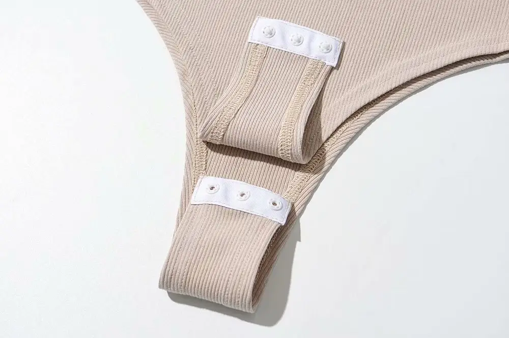 White Tight Fitting Thong Bodysuit Ribbed High Waist — feature 26