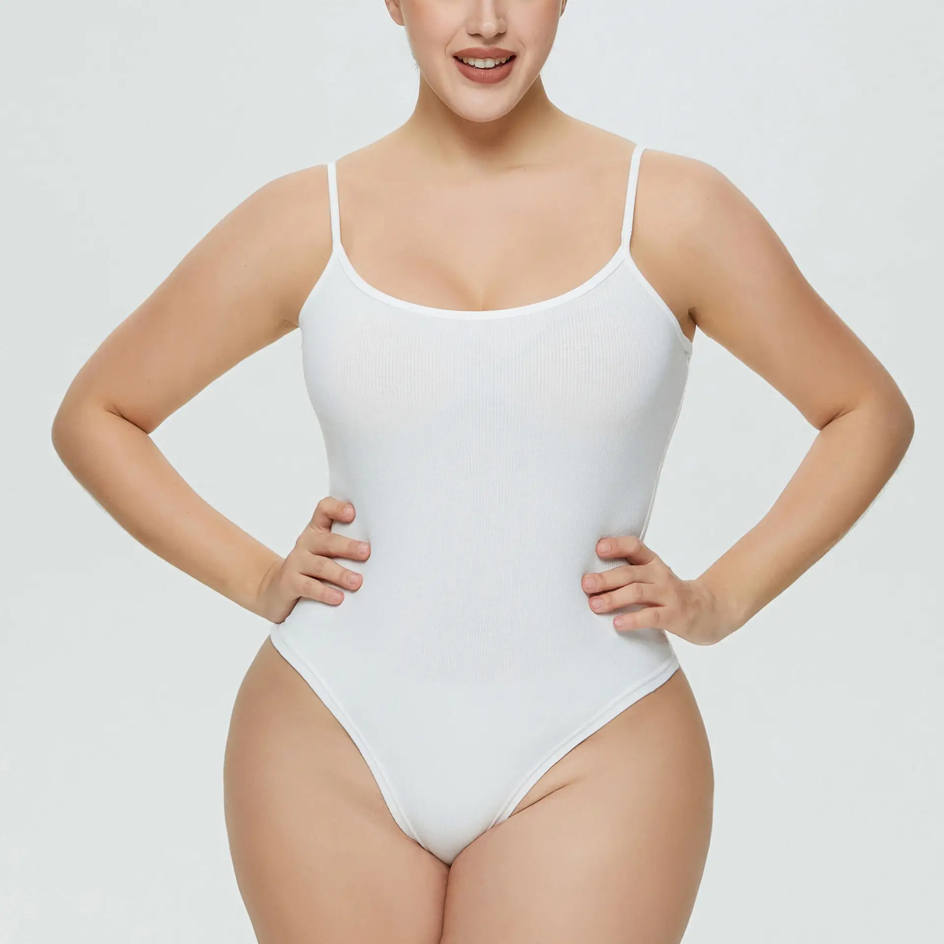 White Tight Fitting Thong Bodysuit Ribbed High Waist — feature 5