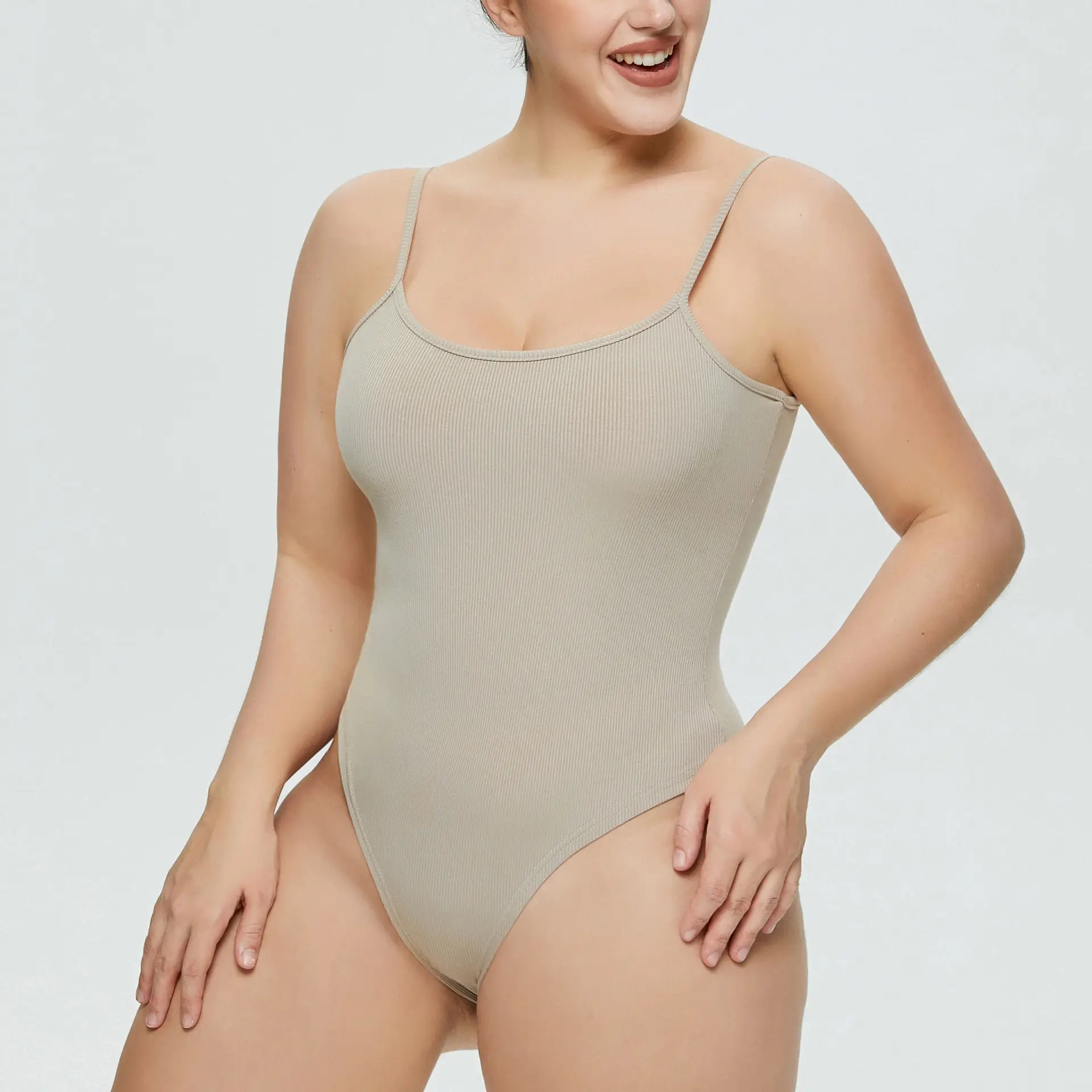 White Tight Fitting Thong Bodysuit Ribbed High Waist — feature 7