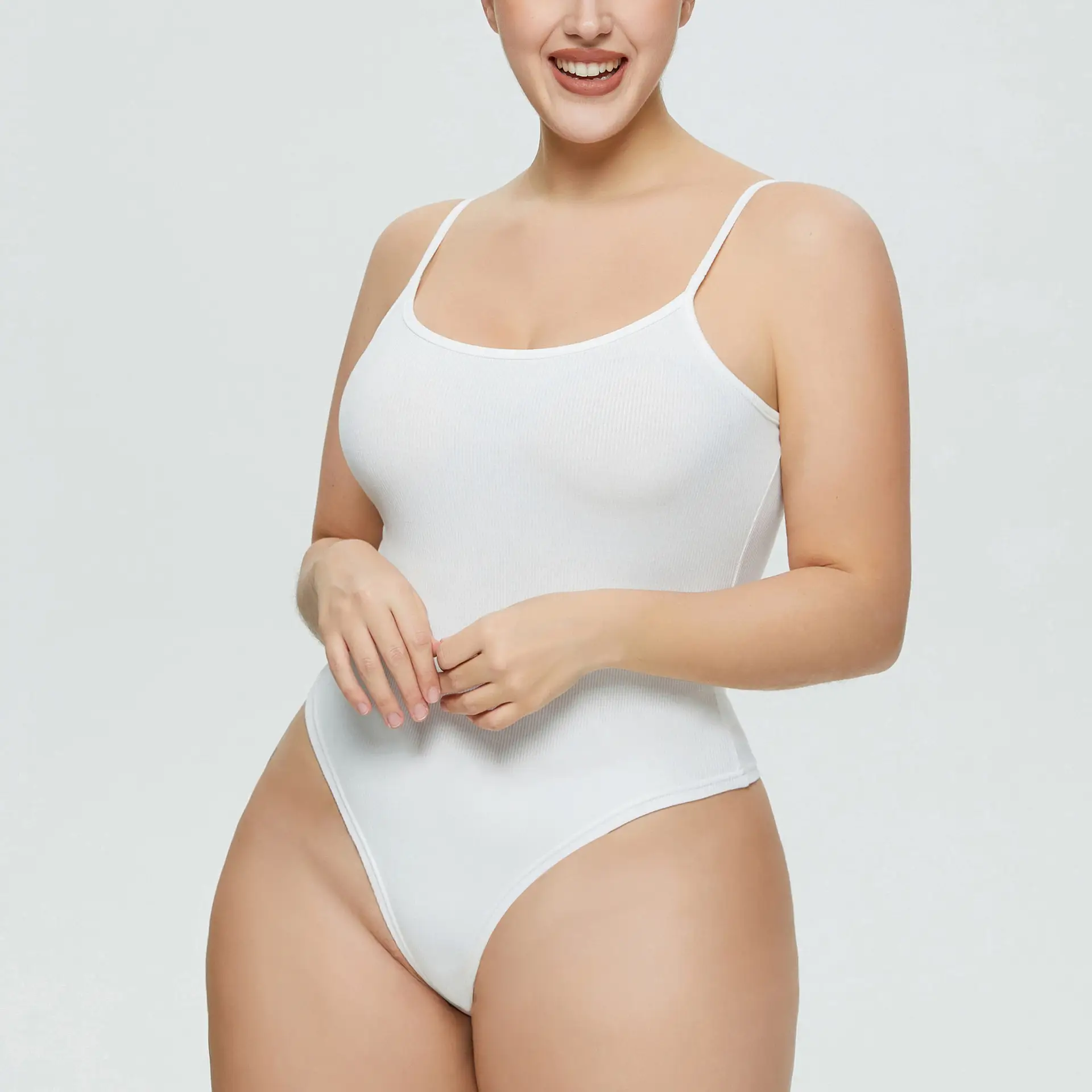White Tight Fitting Thong Bodysuit Ribbed High Waist - Image 2