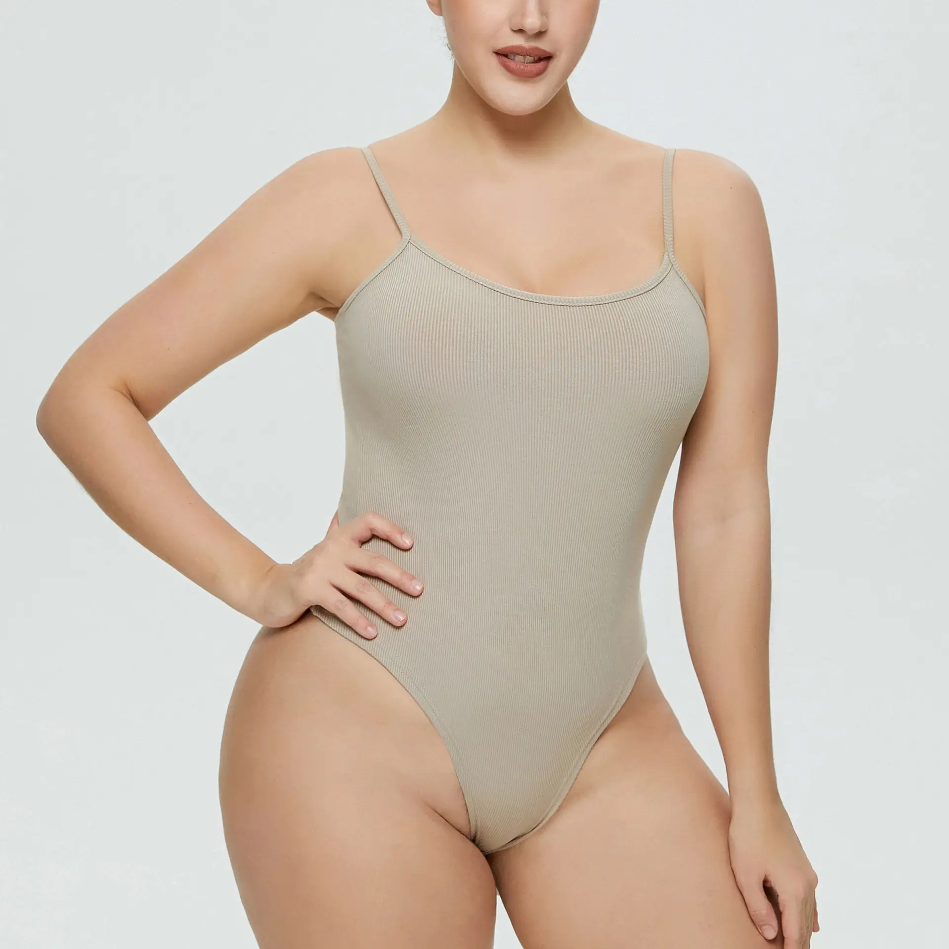 White Tight Fitting Thong Bodysuit Ribbed High Waist - Image 3