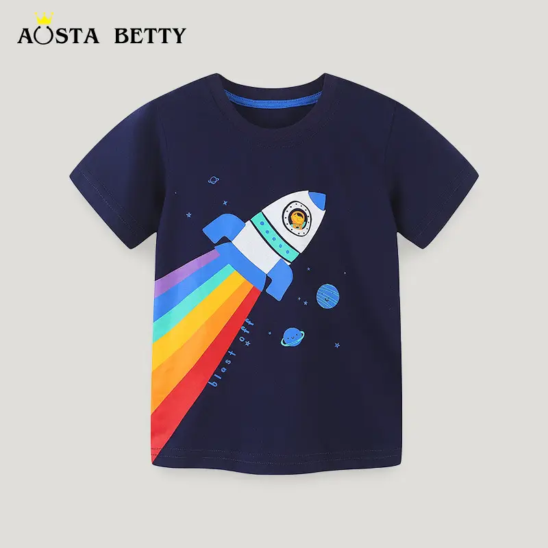 Kids Rocket Print T-Shirt Navy Blue Short Sleeve - Image 2