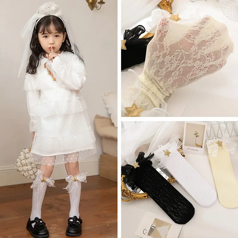 White Organza Lace Socks with Gold Bow for Women - Image 6