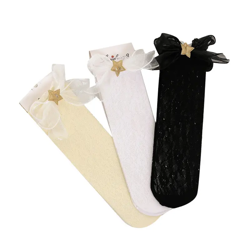 White Organza Lace Socks with Gold Bow for Women - Image 8