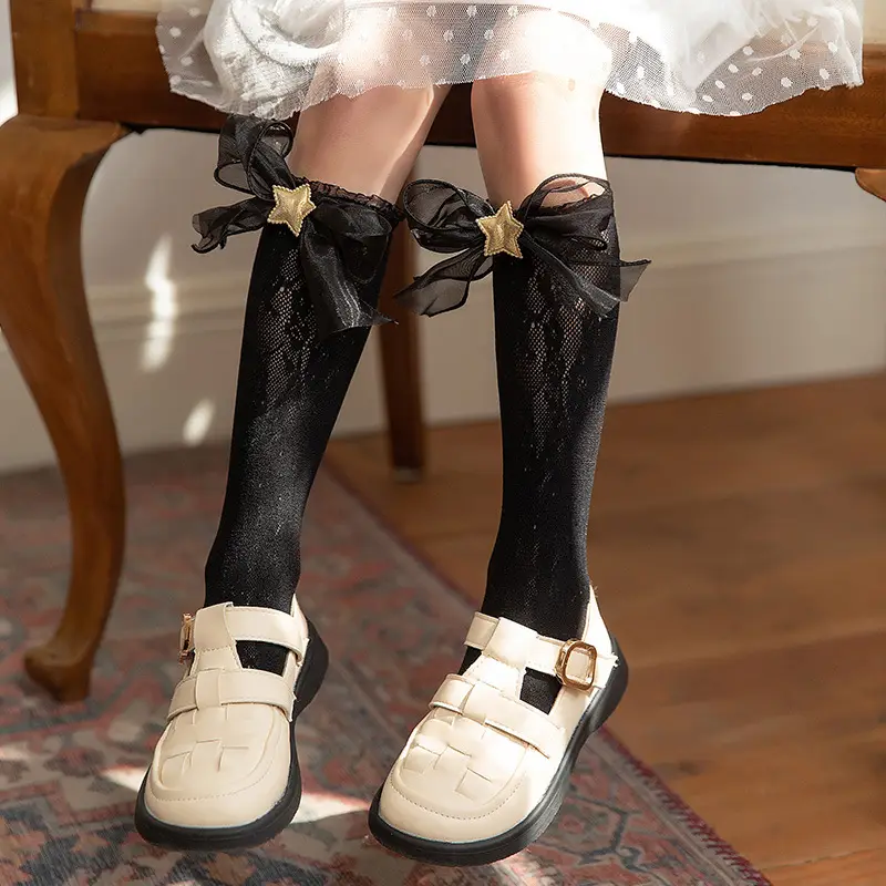 White Organza Lace Socks with Gold Bow for Women - Image 2
