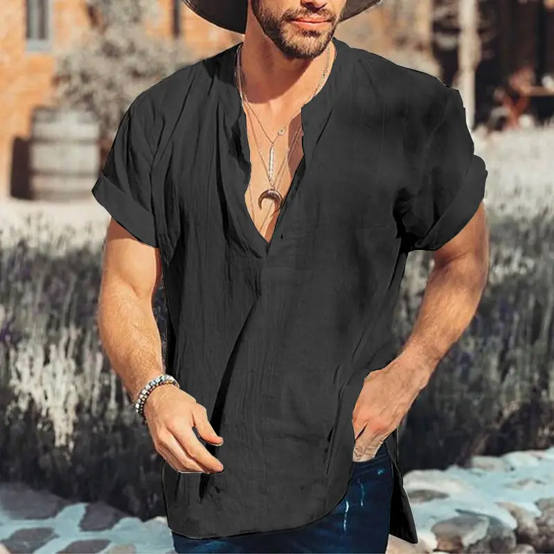 Men White Linen V-Neck Short Sleeve Shirt