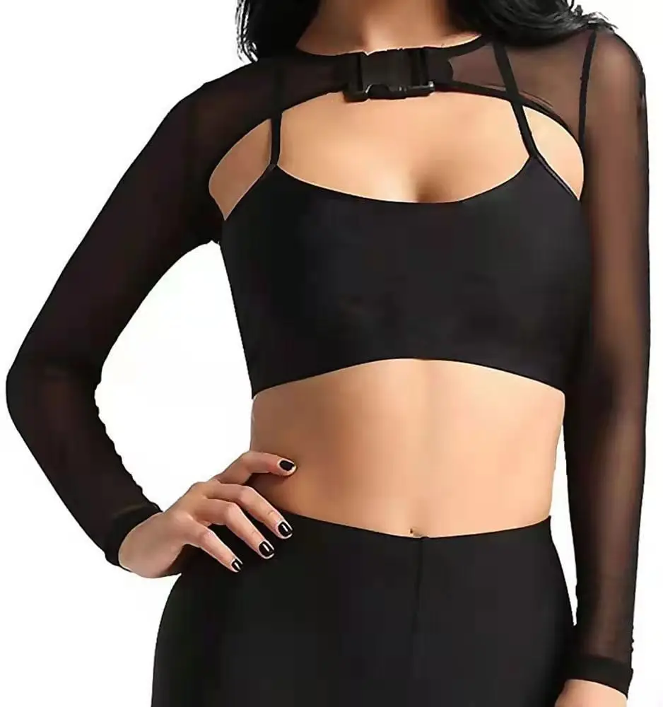 See-Through Mesh Crop Top with Transparent Front Placket & Long Sleeves — feature 6