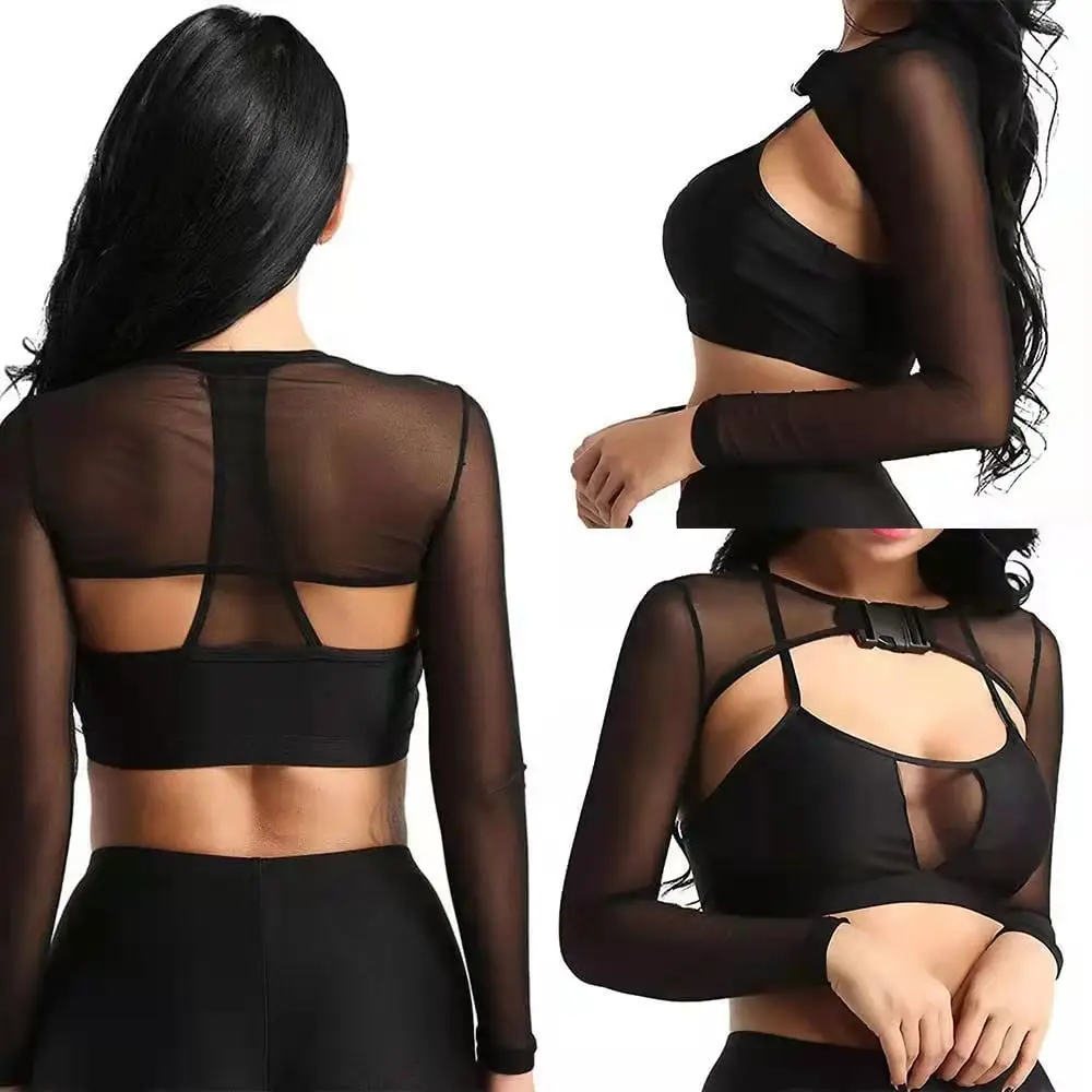 See-Through Mesh Crop Top with Transparent Front Placket & Long Sleeves — feature 7