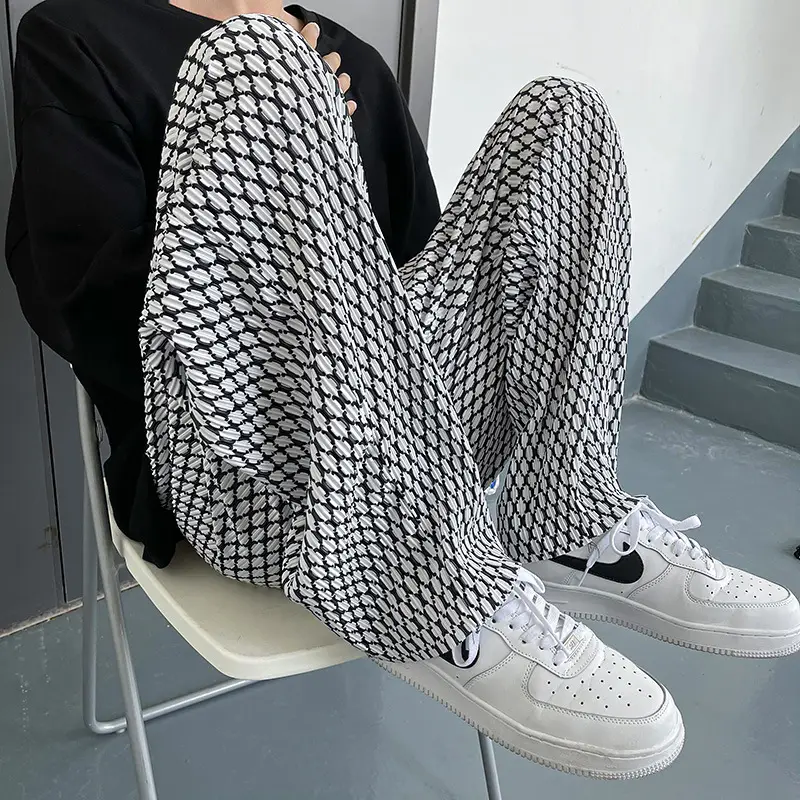 Men's Black White Grid Hip Hop Drop Pants Ice Silk Leg Pants - Image 4