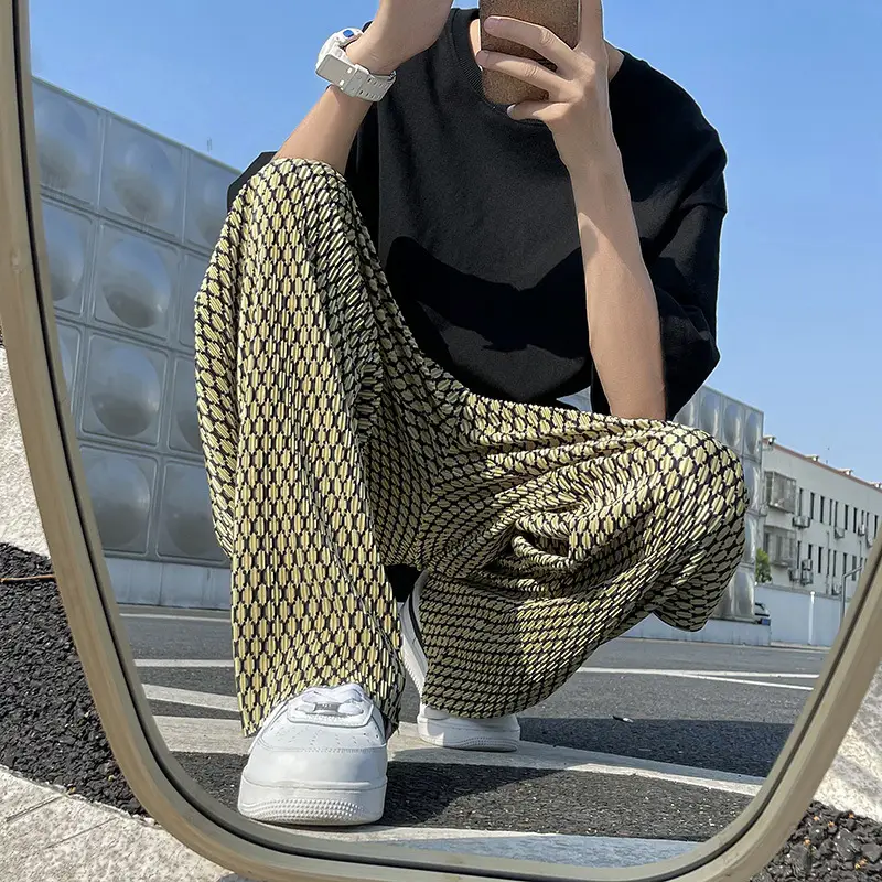 Men's Black White Grid Hip Hop Drop Pants Ice Silk Leg Pants - Image 5