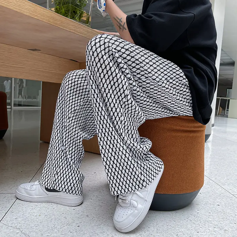 Men's Black White Grid Hip Hop Drop Pants Ice Silk Leg Pants - Image 6
