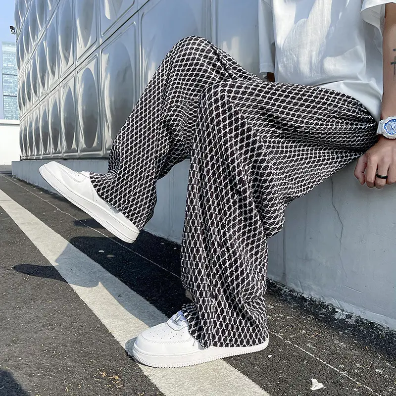 Men's Black White Grid Hip Hop Drop Pants Ice Silk Leg Pants - Image 7