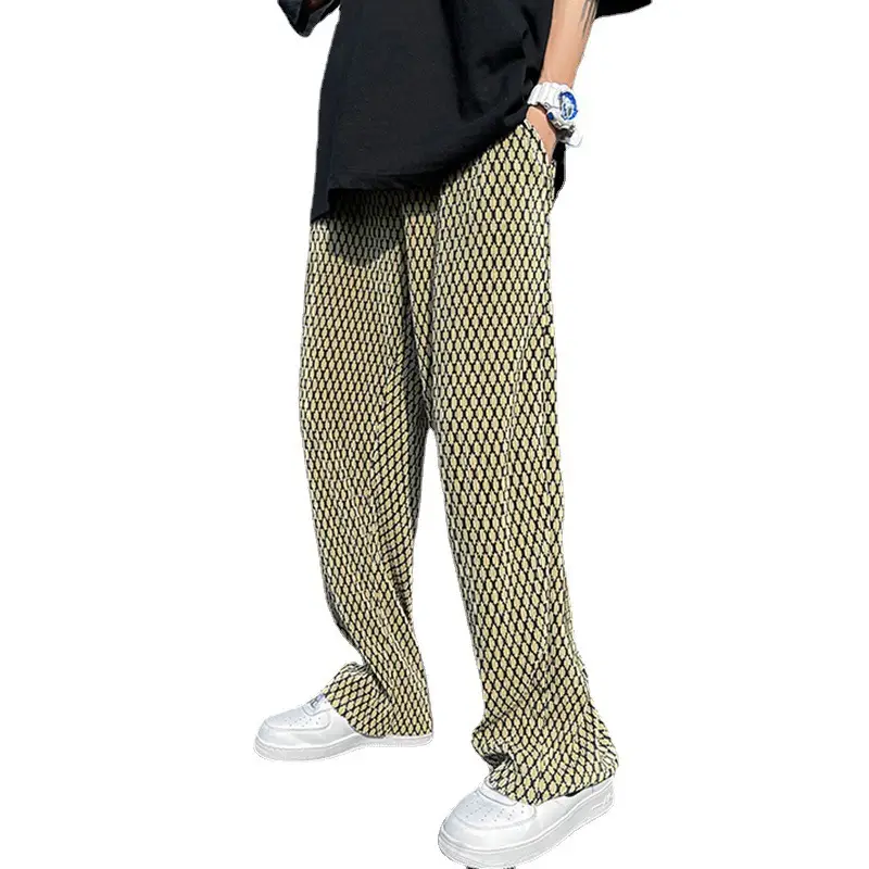 Men's Black White Grid Hip Hop Drop Pants Ice Silk Leg Pants - Image 8
