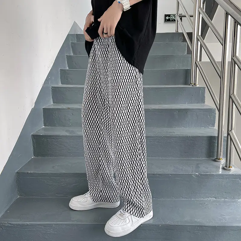 Men's Black White Grid Hip Hop Drop Pants Ice Silk Leg Pants - Image 2