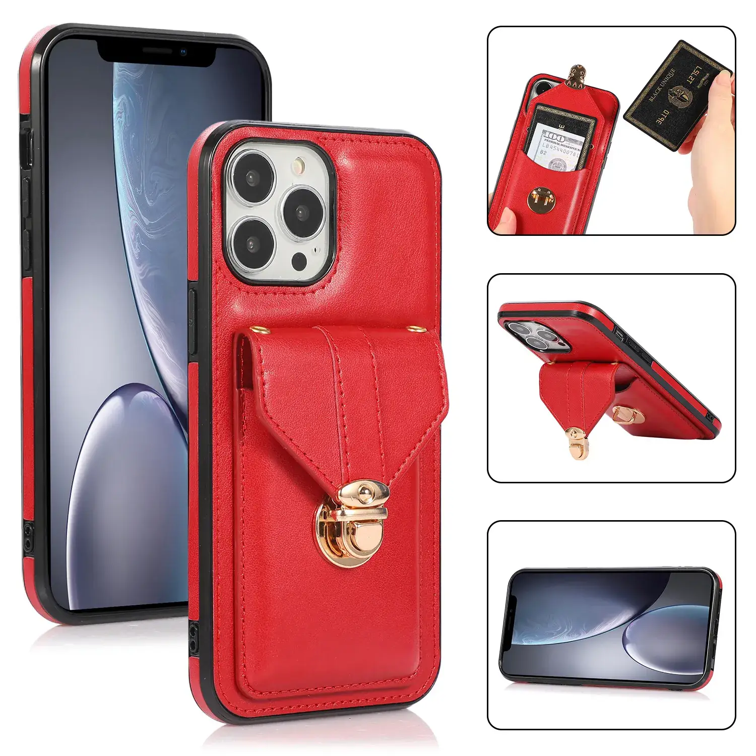 Red Leather Crossbody Phone Case with Multi-Card Holder