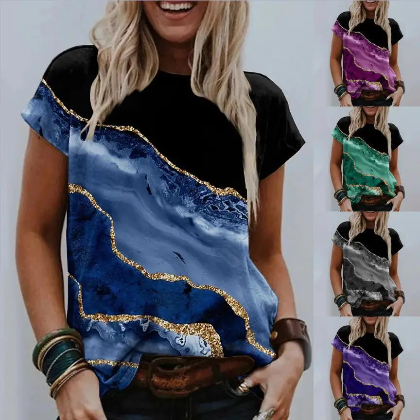 Women Blue Gold Print Pullover T-Shirt Short Sleeve Casual Wear - Image 6