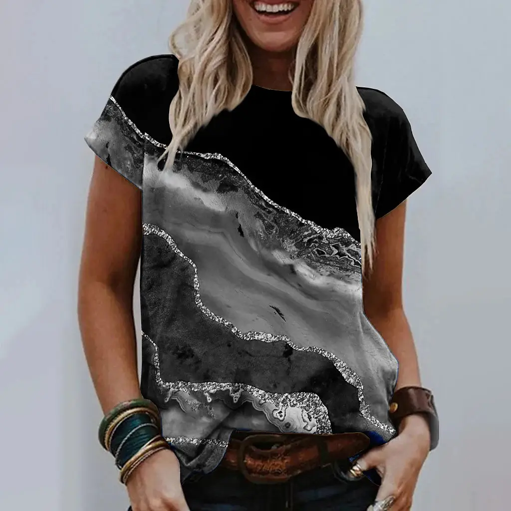 Women Blue Gold Print Pullover T-Shirt Short Sleeve Casual Wear - Image 2