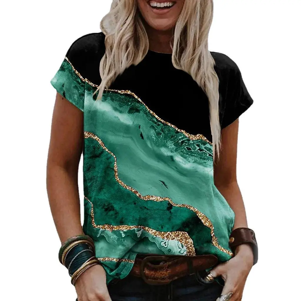 Women Blue Gold Print Pullover T-Shirt Short Sleeve Casual Wear - Image 7